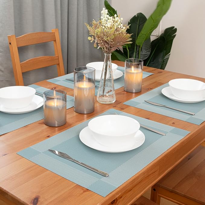 Winknowl Placemats Set of 4, Washable Vinyl Woven Placemats, Heat Resistant & Wipeable Table Mats for Kitchen Dining Table (Sky Blue)