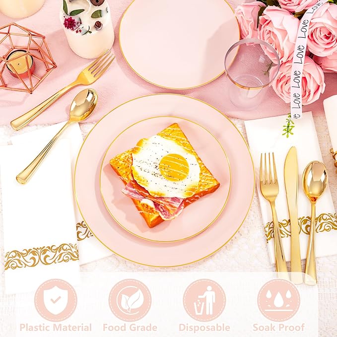 YOUBET 175PCS Pink Plastic Plates - Pink and Gold Disposable Plates Include 50 Plastic Plate, 75 Silverware, 25 Cups, 25 Napkins for Wedding & Party & Birthday Valentines Day