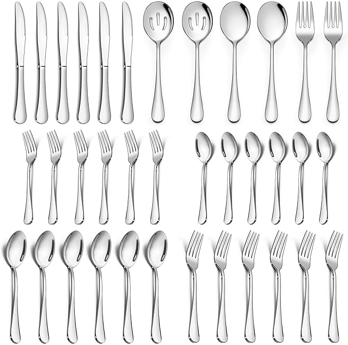 LIANYU 36-Piece Silverware Set with Serving Utensils, Stainless Steel Silverware Flatware Set for 6, Elegant Cutlery Tableware Includes Fork Spoon Knife, Mirror Polished, Dishwasher Safe