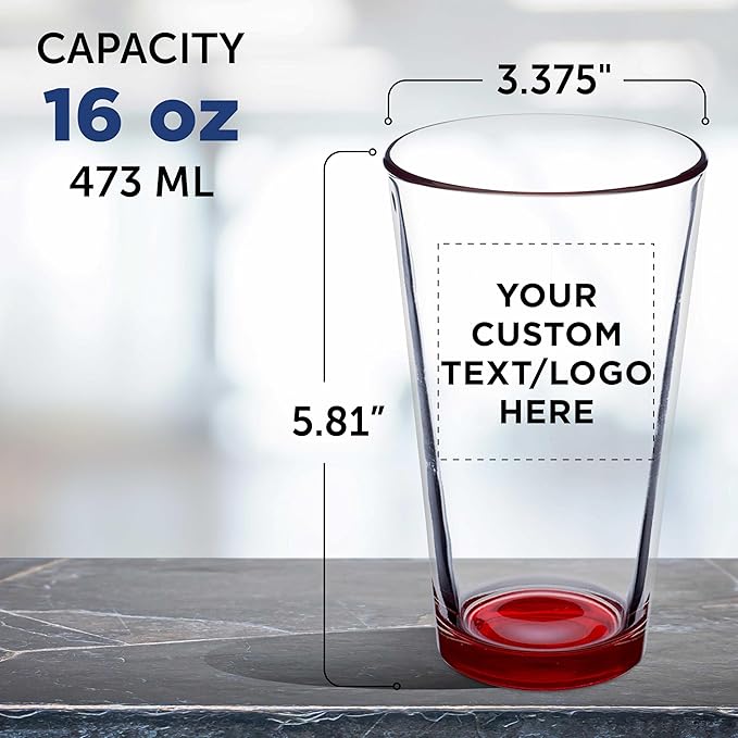 DISCOUNT PROMOS Custom Beer Pint Glasses 16 oz. Set of 10/50/100, Personalized Bulk Pack - Heavy Duty Glassware for Restaurant, Thick Base and Walls, Stackable - Red