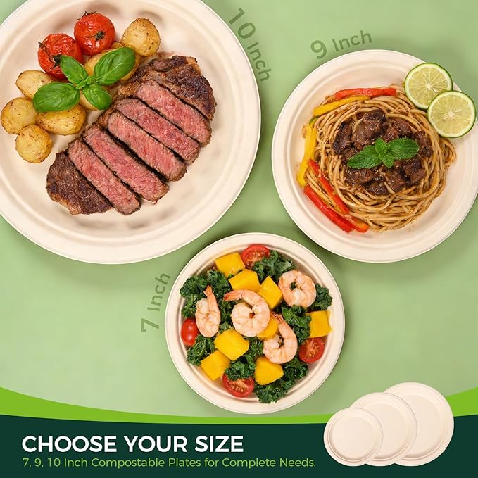 100% Compostable Plates - 125-Count Heavy Duty, Biodegradable Bagasse Plates - Eco Friendly and Sustainable (Natural, 10 inch)