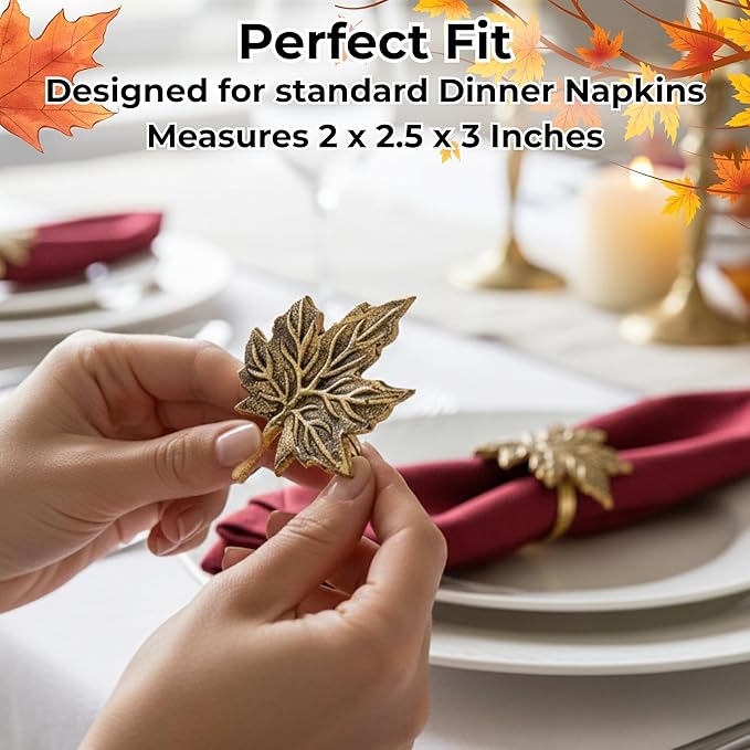 ALPHA Living HOME Rustic Napkin Rings Set of 12 - Elegant Leaf Napkin Holders for Dining Table, Wedding, Party, Holiday & Everyday Use - Handmade Decorative Table Accessories (Antique Gold)
