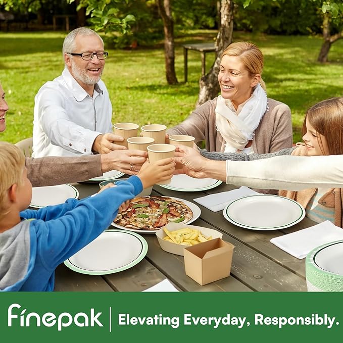 9'' Compostable Paper Plates With Green Circle Rims