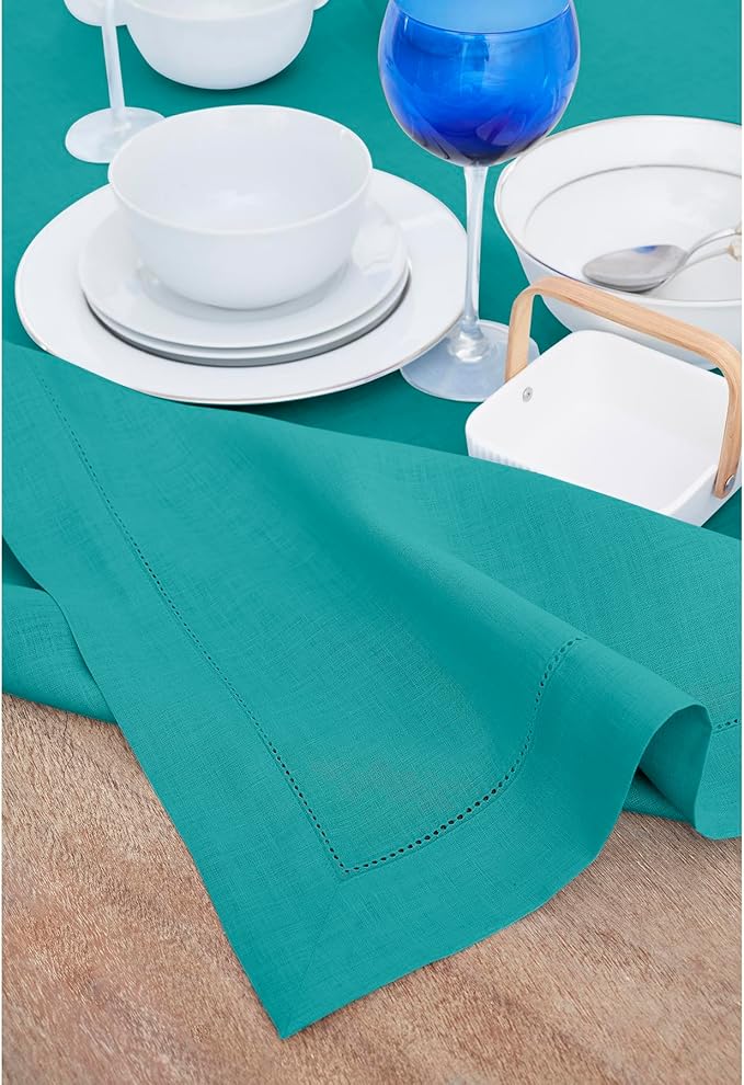 Solino Home Linen Tablecloth 60 x 144 Inch - Classic Hemstitch 100% Pure Linen Teal Table Cloth for Rectangle Tables - Machine Washable Tablecloth