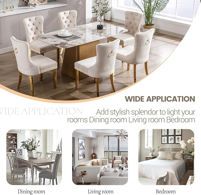 KCC Velvet Dining Chairs Set of 6, Upholstered High-end Tufted Dining Chair with Nailhead Back Ring Pull Trim Stainless Steel Legs, Contemporary Nikki Collection Modern Style for Kitchen, Beige