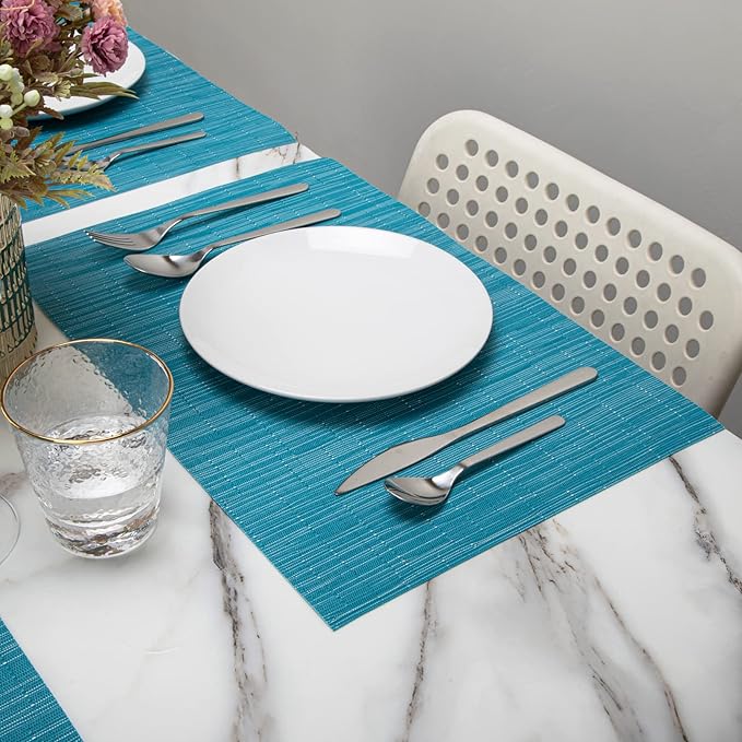 Winknowl Placemats, Washable Vinyl Woven Indoor and Outdoor Heat Stain and Water Resistant Elegant Table Mats for Dining Table Set of 8 (Blue)