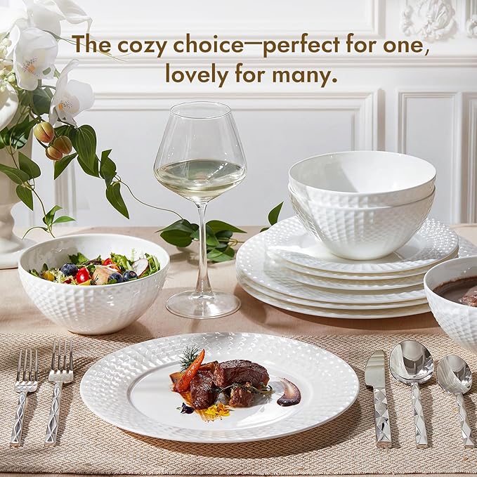 KINGSTONE Bone China Dinnerware Set, 12-Piece White Lightweight Porcelain for 4, Plates and Bowls with Rhombus patterned edge design, Microwave and Dishwasher Safe, for Family, Restaurant, Gifting