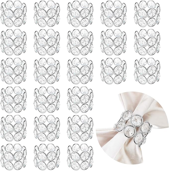 Crystal Metal Napkin Rings Set, Elegant Wedding/Party Table Decor, Shiny Holiday Dinner Accessories Bulk, Bridal Shower Gift, Anniversary, Christmas, Home Decor Essentials (Silver, 24-Pcs)
