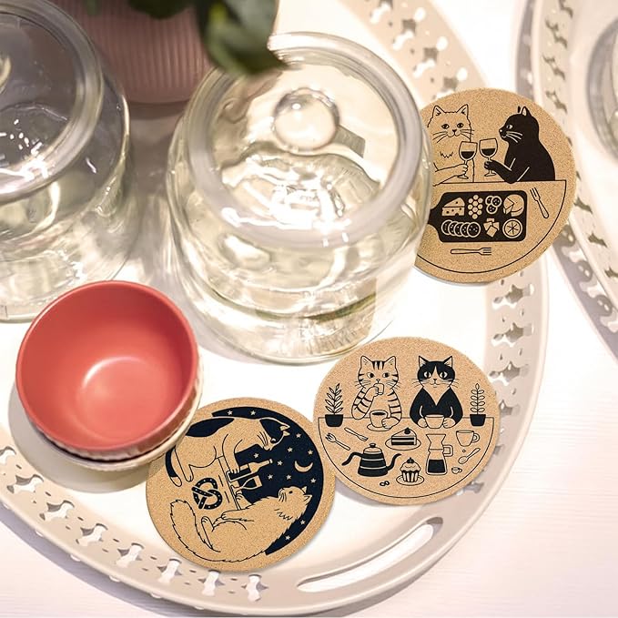 Coasters for Drinks with Holder Set of 6, Cat Cork Coaster Absorbent for Office Desk Table Coasters Kitchen Decor House Warming Gifts for New Home Couples, Round 4"
