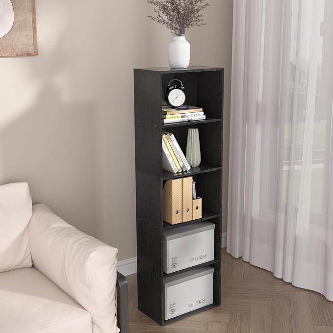 Wooden 5 Cube Storage Organizer, Black 5 Tier Bookcase Bookshelf Freestanding Storage Display Organizer, Versatile Cubes Open Shelf and Cubby Unit for Living Room, Home Office, Dinning Room 15.7inch