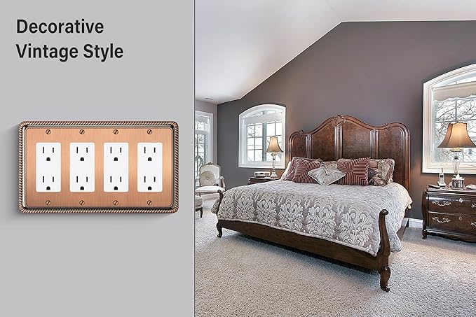 Henne Bery Rope Edge Decorative Wall Plate Switch Plate Outlet Cover (Quad Decorator, Antique Copper)