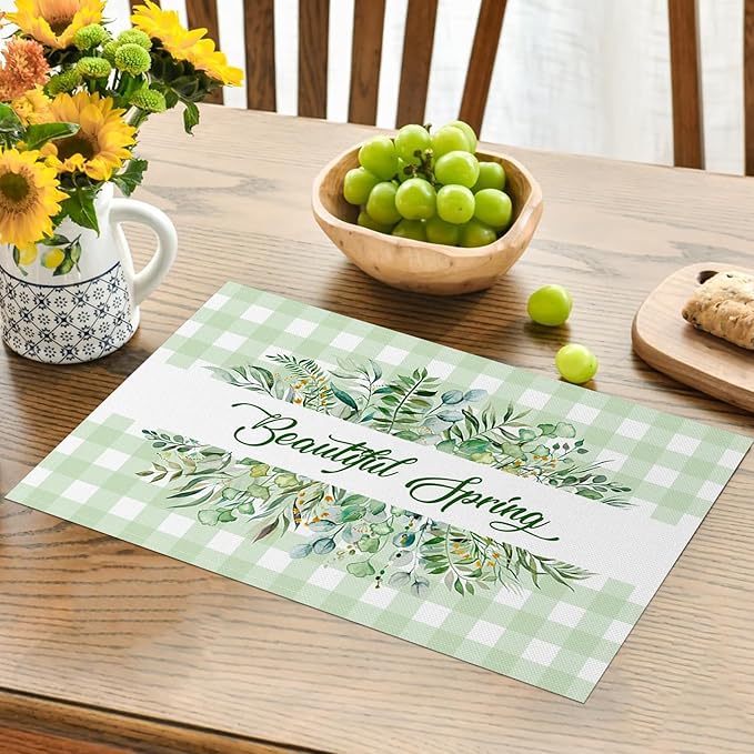 AOFOTO Green Plaid Placemats Set of 4 Beautiful Spring Leaves Printed Place Mats Washable Rectangular Table Mats for Party Home Kitchen Restaurant Dining Table Decor 12x18 Inch