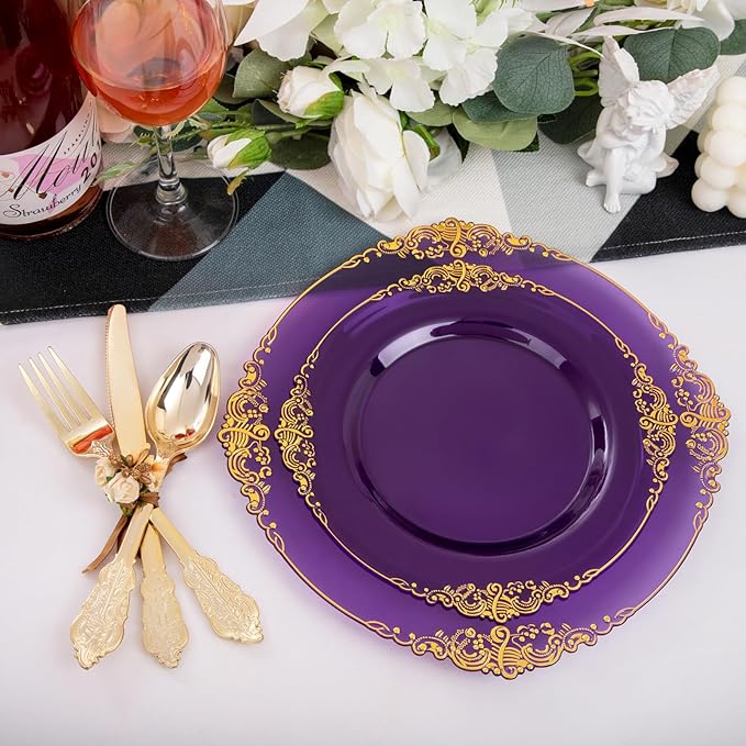102PCS Purple and Gold Plastic Plates - High End Purple Disposable Plate - Vintage Dinner & Dessert Plates for 51 Guests Birthday Party & Mardi Gras & Wedding