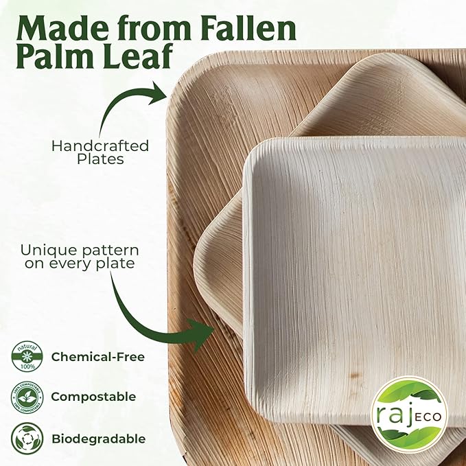 Raj Disposable Palm Leaf Plate [50-Pack] Large Square Plates Strong and Reusable Party Plate Like Bamboo Plates - Decorative Compostable Tableware for Lunch, Dinner, Birthday, Outdoor BBQ