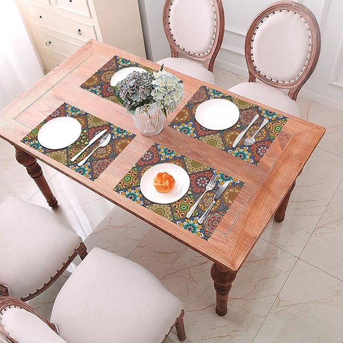 Mandala Colorful Placemats Set of 4 Linen 12"x18" Retro Place Mats Washable Heat-Resistant Boho Kitchen Table Mats for Dining Outdoor Home Decor