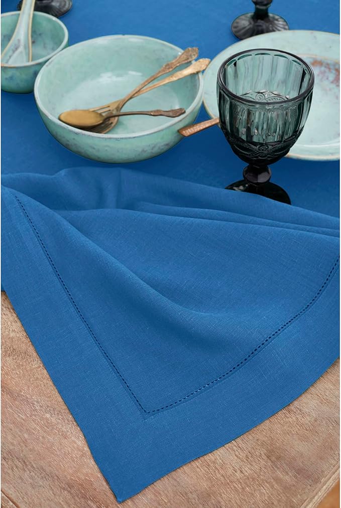 Solino Home Linen Indigo Blue Tablecloth 60 x 90 Inch - Classic Hemstitch, 100% Pure Linen Rectangular Tablecloth - Machine Washable Table Cloth for Winter, Spring, Easter