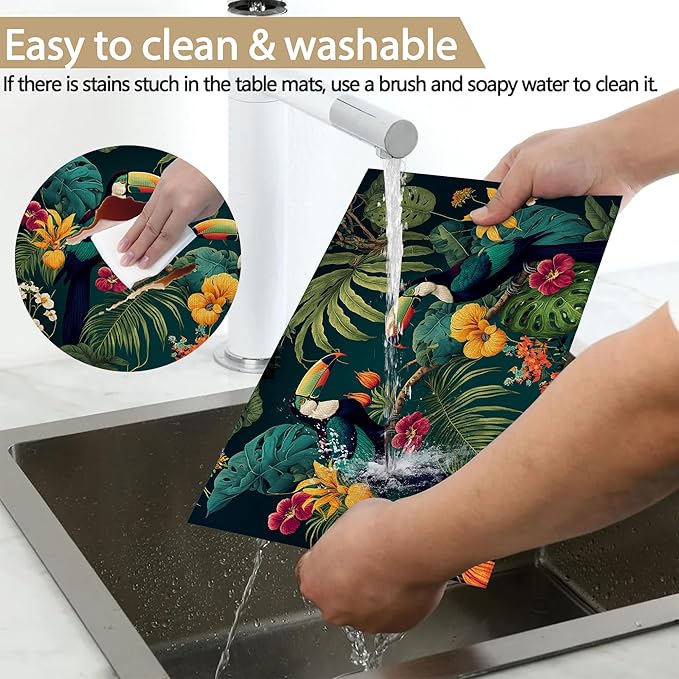 Placemats Set of 6 Tropical Forest Parrot Place Mats Washable Kitchen Dining Linen Table Mats Stain Heat, for Home Party Indoor 12x18 in