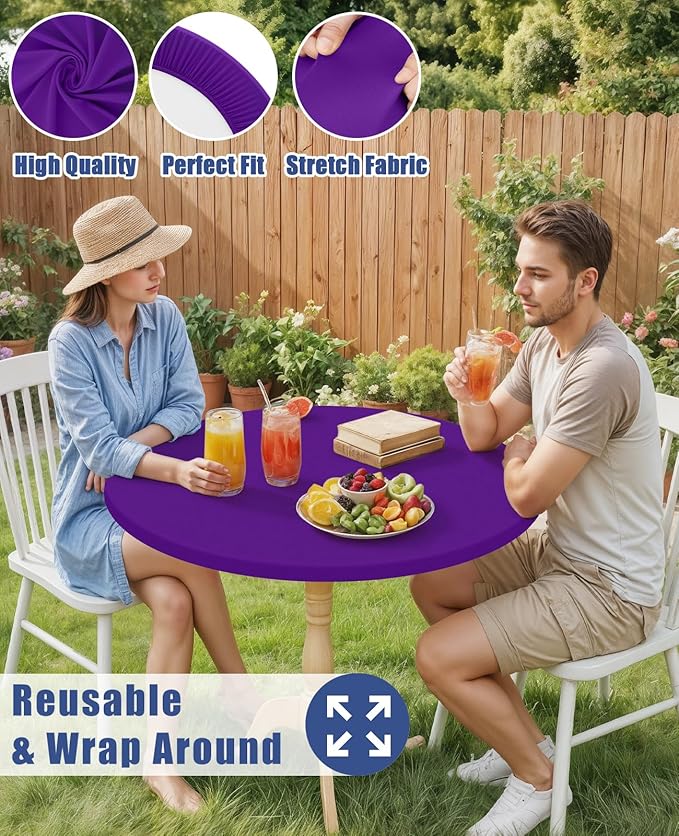 Round Spandex Tablecloth, Elastic Fitted Waterproof Tablecloths for 42"-50" Tables, Stretch Washable Picnic Table Cover for Camping, Dining, Indoor and Outdoor, Purple