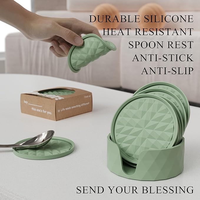 Silicone Coasters for Drinks[6 Pack, Sage Green] Diamond Design Cup Mat with Holder for Tabletop Protection Non Slip, Non Stick, Coffee Table Decor, Great Gift for Any Occasion