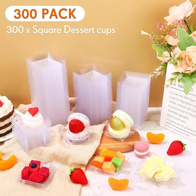 300 Pieces Mini Square Dessert Plates 2.5 x 2.5 Inch Disposable Appetizer Plates Small Clear Plastic Dish for Dessert Salad Appetizer Sauces Tastings Cake Wedding Party Serving (Clear)