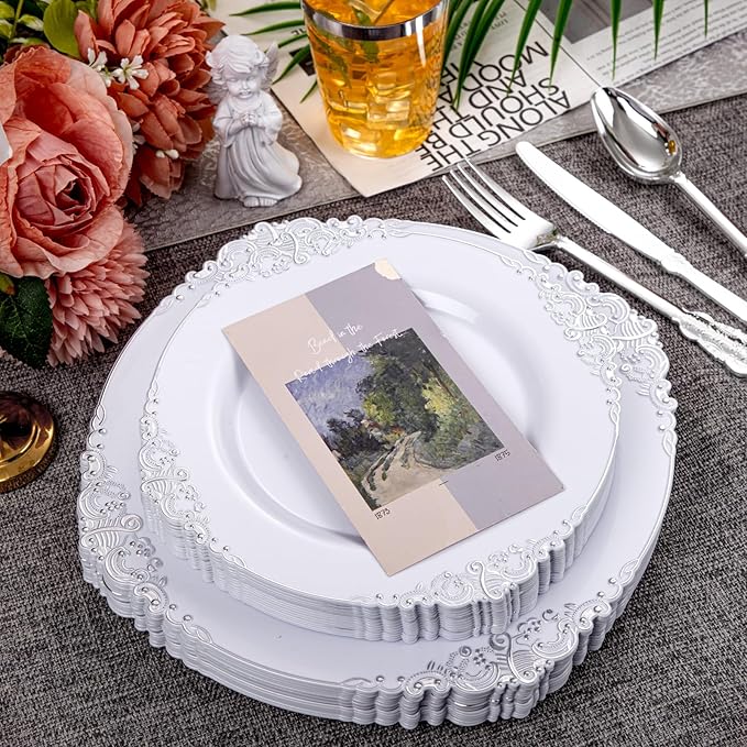 Hioasis 210pcs White and Silver Plates - White Party Plates for 30 Guest, Include 60 Heavy-duty Plates(20% Thicker Than Standard), 30 Pre Rolled silver Plastic Silverware Set, 30 Cups