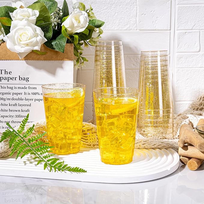 I00000 100 Pack 14 oz Gold Plastic Cups, Disposable Tumblers Gold Glitter Plastic Cups, Disposable Wine Glasses Cocktail Glasses Perfect for Wedding, Mother's Day & Party