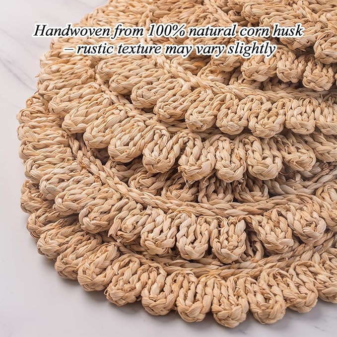 11.8" Set of 4 Round Corn Husk Placemats | Boho Woven Rattan Table Mats | Farmhouse Wicker Spring Plate Chargers Like Water Hyacinth, Seagrass for Wedding, Party, Christmas, Events