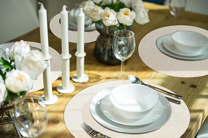 homing Round Faux Leather Placemat and Coaster 6 Packs, Washable Heat Resistant Dining Place Mats, Wipeable Double-Sided Table Mats for Indoor and Outdoor, Diameter 13 and 3.93 inch, Beige