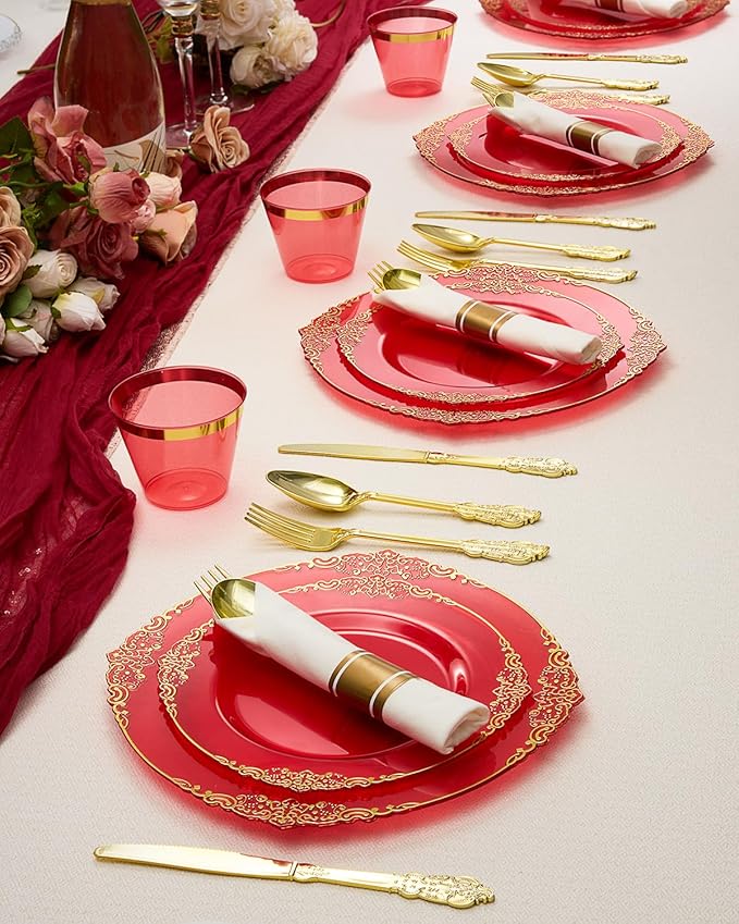 Goodluck 350 Piece Red Dinnerware Set for 50 Guests, Fancy Disposable Plates, Include: 100 Red Rim Plastic Plates, 150 Silverwares, 50 Pre Rolled Napkins, 50 Cups for Party, Wedding
