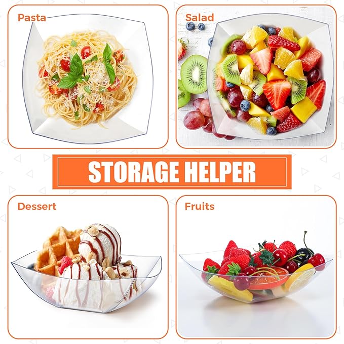 Tanlade 50 Pcs Square Plastic Serving Bowls Disposable Snack Salad Bowl Small Party Candy Bar Containers Taco Bar Serving Dishes for Buffet Chips Fruit(Clear,32 oz)
