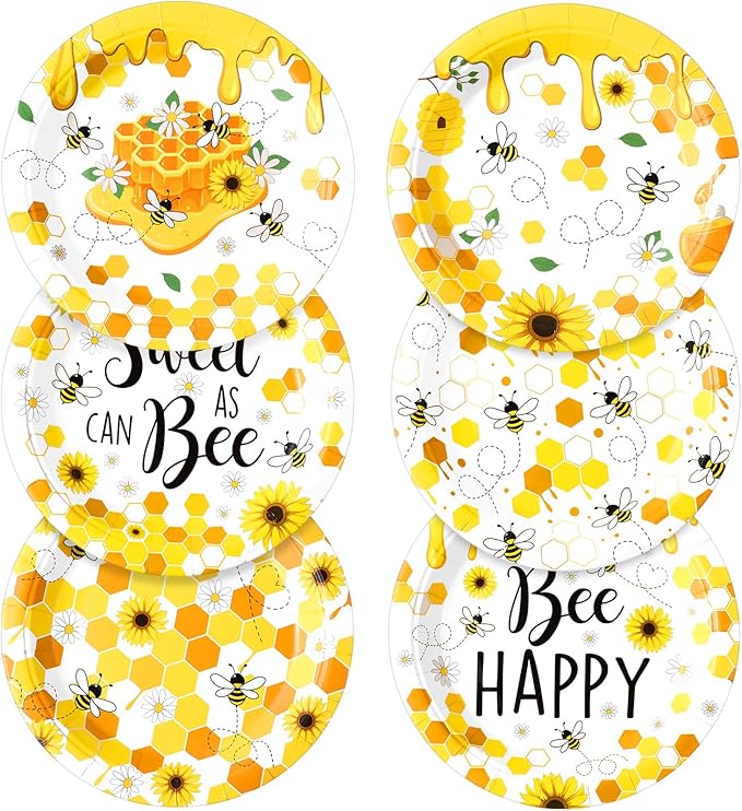 60 Pcs 7 Inch Honey Bee Paper Plates Bee Happy Shower Tableware Gender Reveal Party Dinnerware Honey Theme Day Birthday Party Tableware Decorations Favors