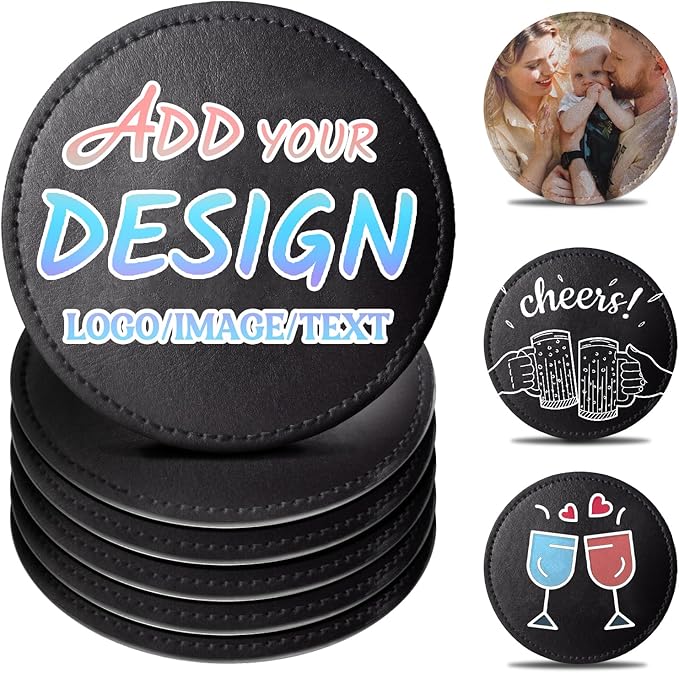 Custom Leather Coasters Set of 6 with Holder, Personalized Coasters with Logo Photo Text,Customized Coaster for Coffee Table Bar Wine Cup Kitchen Desktop Decor (Style 2)