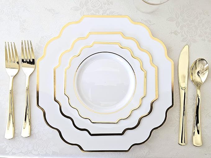 " OCCASIONS " 80 Plates Pack,(40 Guests) Heavyweight Wedding Party Disposable Plastic Plates Set -40 x 10.5'' Dinner + 40 x 8'' Salad/Dessert Plate (Imperial White & Gold)