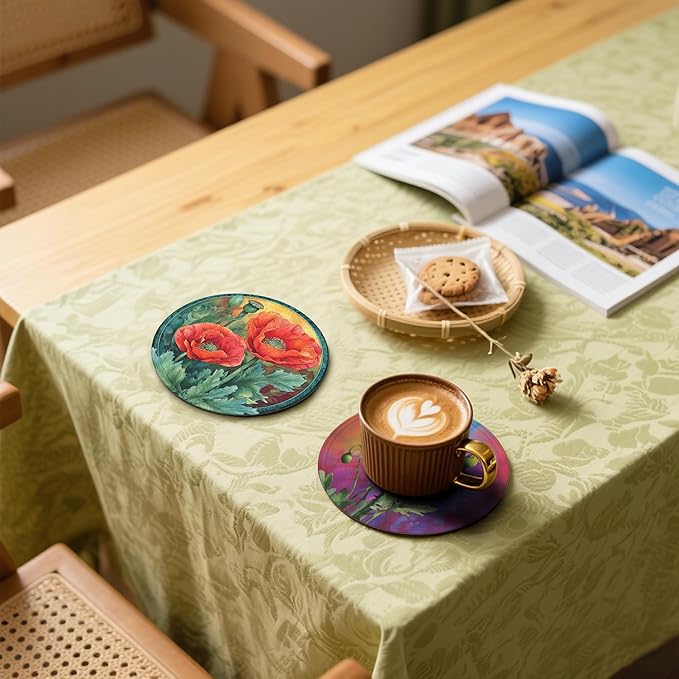Red Flowers Coasters Leather Round Drink Coasters 6 Pcs Set with Holderor for Cup Drink Coffee Table Bar Home Decor