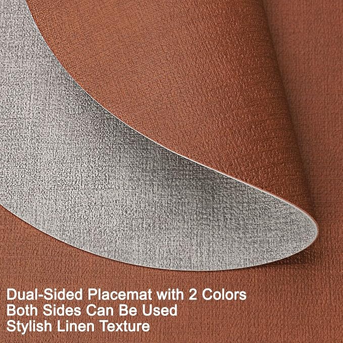 Myir JUN Reversible Vinyl Round Placemats Set of 8, Faux Leather Place Mats Dual Sided Waterproof Wipeable, Heat-Resistant Table Mats for Kitchen Dining Indoor Outdoor (14", Light Gray Reddish Brown)