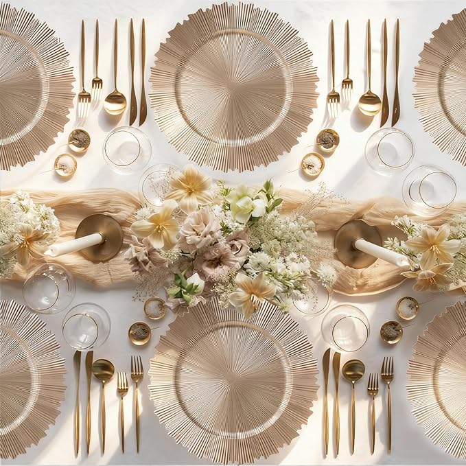 PROY 100 Pcs 13 Inch Gold Charger Plates Bulk, Elegant Fluted Edge Plastic Charger Plates Reusable Table Chargers, Round Gold Chargers Dinner Plate Wedding Decoration
