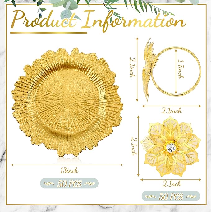 Dandat 100 Pcs Charger Plate Bulk 13'' Floral Reef Plates with Napkin Ring Plastic Dinner Charger Hollow Out Flower Napkin Holder Plastic Plate for Table Setting Wedding Party (Gold)