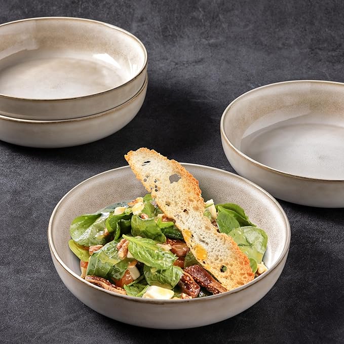 GBHOME 8.75'' Large Ceramic Pasta Bowls, 38oz Stoneware Pasta Serving Bowls Set of 4 for Kitchen, Wide Bowls for Fruit,Pasta,Salad,Oatmeal,Meal, Microwave Safe, Reactive Glaze-Cappuccino