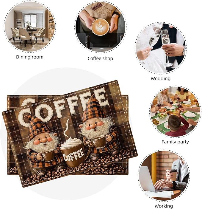 Coffee Gnomes Placemats Set of 6, Cafe Station Table Mats, Washable Place Mats for Coffee Bar Home Party Indoor Kitchen Dining Table Decor 12x18 Inch