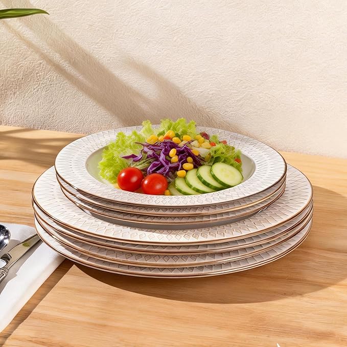 GBHOME Ceramic Dinnerware Sets,18 pcs Embossed Elegant Stoneware Plates and Bowls Sets, Housewarming Wedding Gift | Dishwasher & Microwave Safe | Dishes Set Service for 6