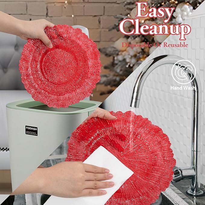 U-QE 60PCS Clear and Red Plastic Plates - Reef Plastic Plates Disposable&Reusable - Clear Red Plates Including 30 Plastic Dinner Plates 10" & 30 Plastic Dessert Plates 7" Perfect for Valentine's Day