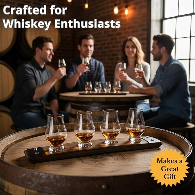 Barrel Stave Premium 4 Glass Whiskey Flight Serving Tray with Glencairn Glasses, Dark Walnut