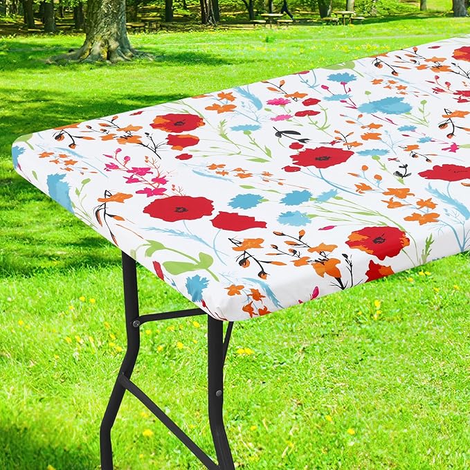 Smiry Rectangle Table Cloth Cover, Waterproof Elastic Fitted Picnic Tablecloth for 4 Foot Tables, Wipeable Flannel Backed Vinyl Tablecloths for Camping, Dining, Outdoor (Off White, 30" x 48")