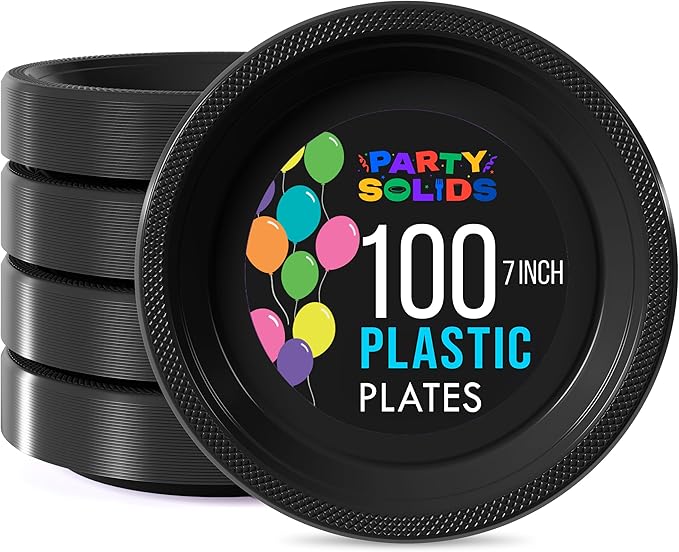 Black Plastic Plates For Party 7" Black Disposable Plates Heavy Duty 100 Pcs Plastic Dinnerware Sets Heavy Duty 350 GSM Disposable Dinnerware Set