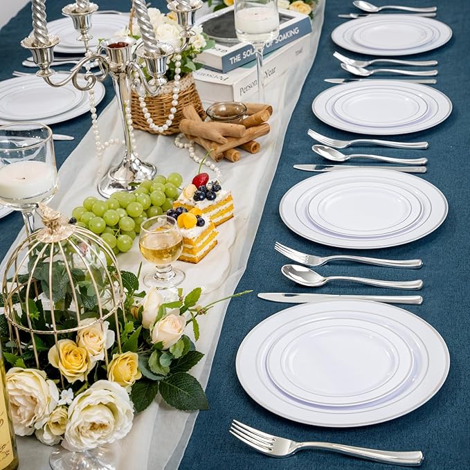 NOCCUR 200PCS Silver Plastic Plates Disposable for 100 Guests - Include 100 Dinner / 100 Dessert Plates Heavy Duty - Ideal for Party/Wedding/New Year