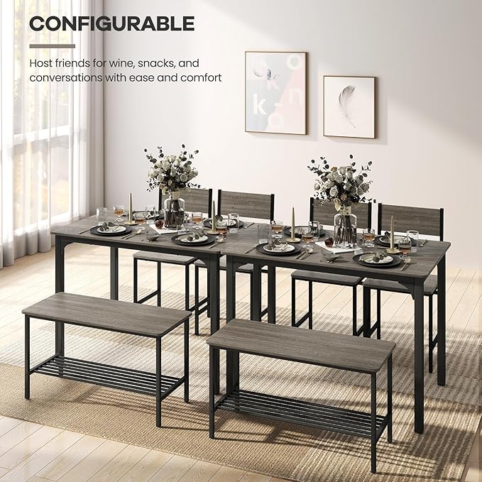 NAFORT Kitchen Table Set for 4, Industrial Dining Table with 2 Chairs & Storage Bench, Rustic Wood & Metal 4-Piece Dining Set for Small Space, Apartment, Kitchen & Dining Room