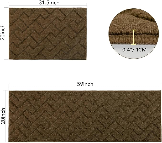hicorfe Kitchen Rugs and Mats Sets,2 Pieces Polypropylene Non-Slip Super Absorbent Rug,Soft Comfort Floor Mat,Machine Wash for Kitchen,Hallway,Office,Sink,Laundry(20" x 32"+20" x 59",Dark Brown