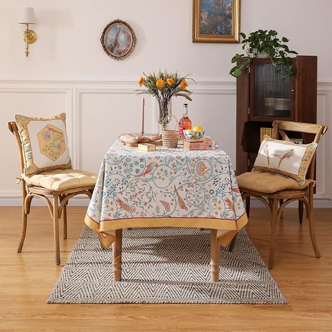 patdrea Designer French Tablecloth for Rectangle Table,Floral Birds Pattern Linen Table Cloth,Fall Yellow Decorative Cover for Kitchen Dining Banquet,Christmas,Thanksgiving,55"x87"-Magnolia