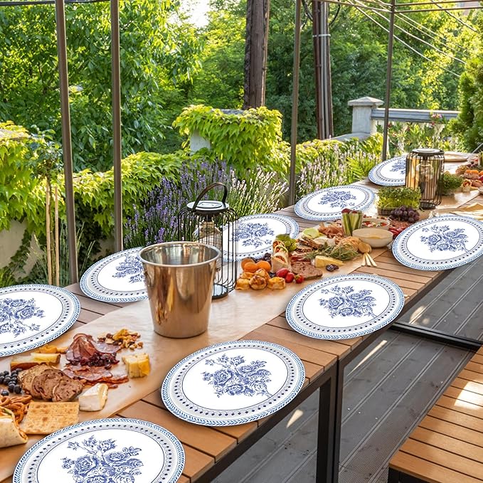 50Pcs Blue Floral Oval Plates 10"x 12", Large Disposable Paper Plates, Heavy Duty Flower Plate Tableware for Family Gathering, Dinner Time, Birthday, Wedding, Holiday Party Supplies