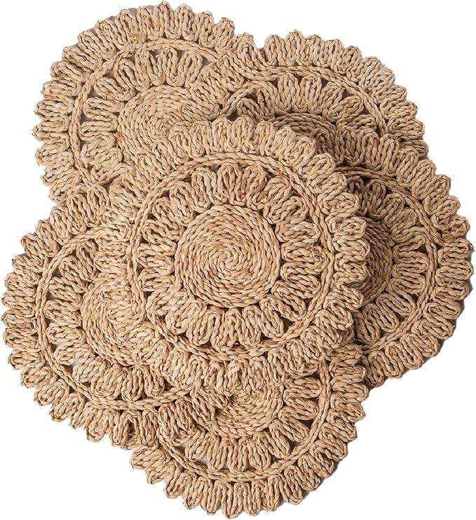 13.8" Set of 6 Round Corn Husk Placemats | Boho Woven Rattan Table Mats | Farmhouse Wicker Spring Plate Chargers Like Water Hyacinth, Seagrass for Wedding, Party, Christmas, Events